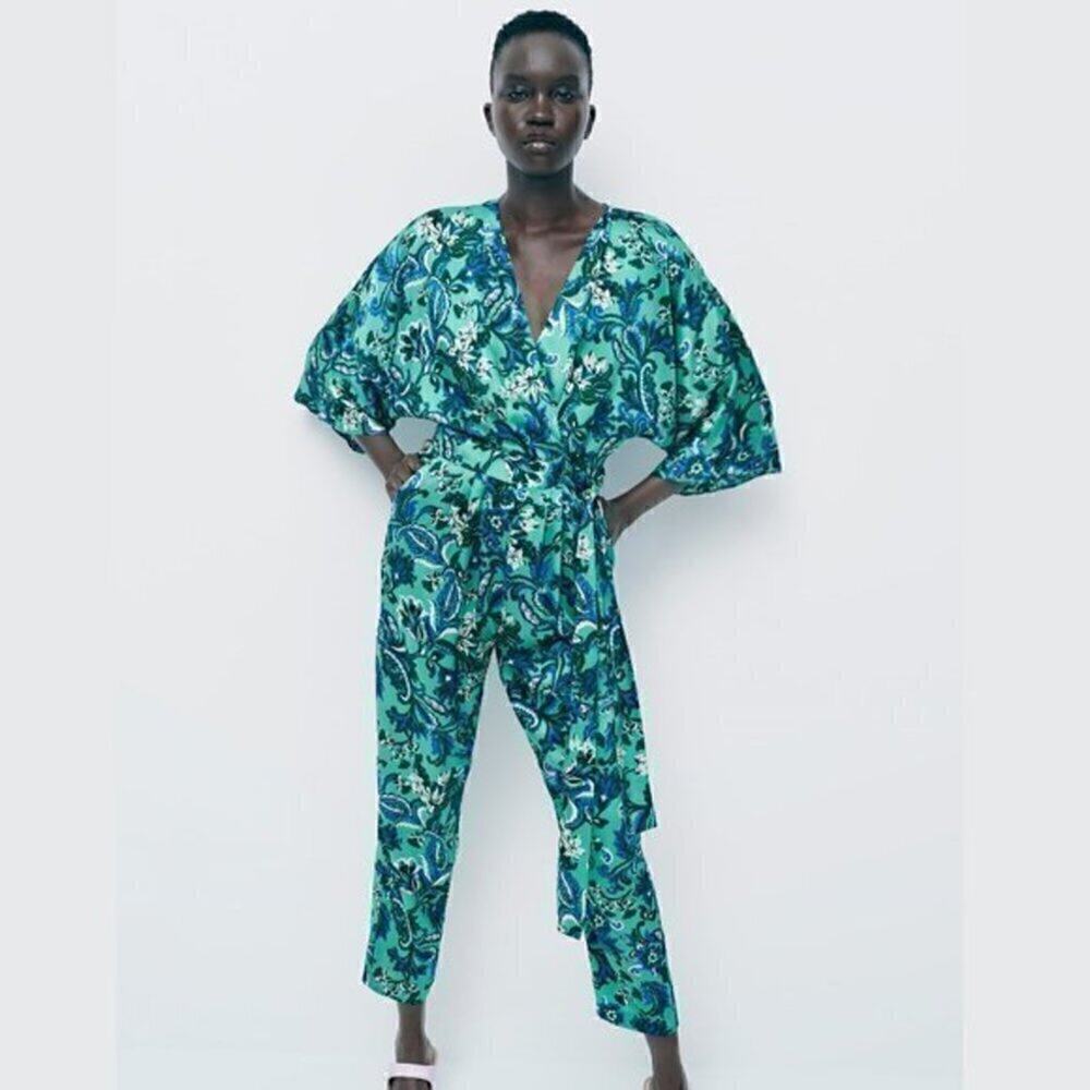 Zara NWT Blue Paisley Belted Wide Leg Jumpsuit S - Picture 11 of 16